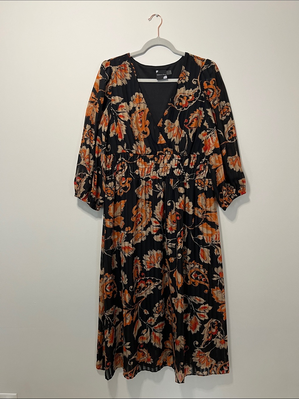 Maison Tara Black Floral Midi Dress with Orange and Cream Accents